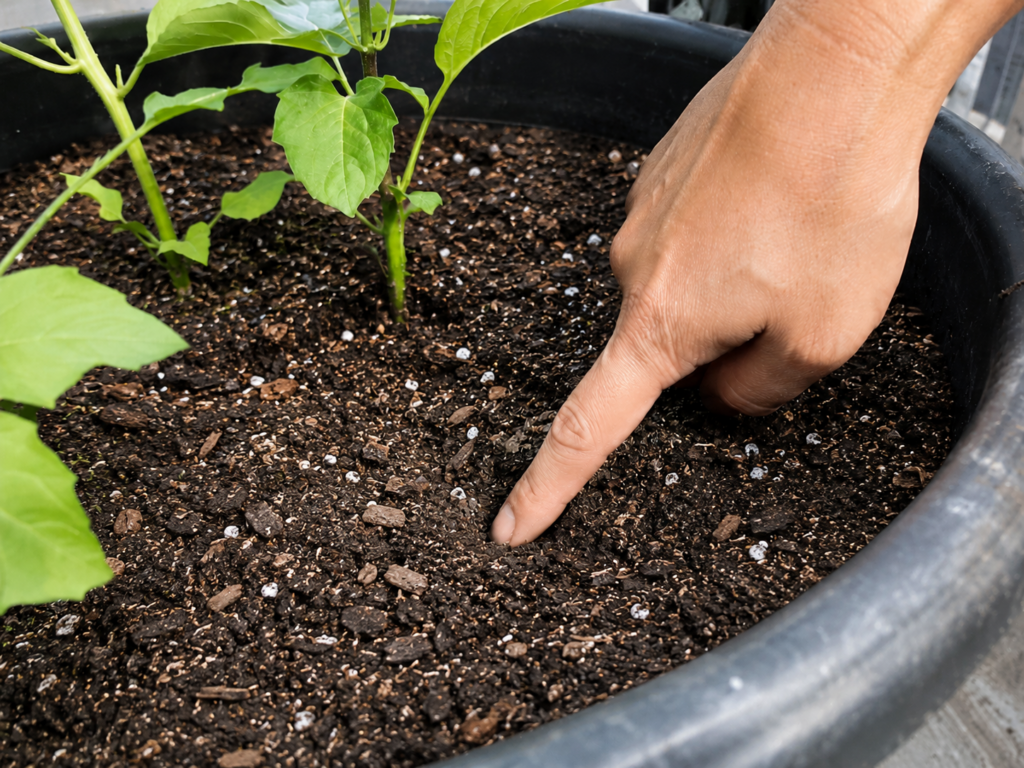 Checking soil moisture with a finger in a large container
